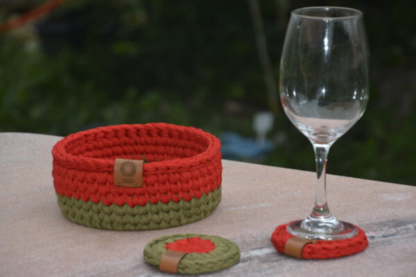 Cachepô Redondo Médio (15cm) Verde Musgo e Vermelho com Base de MDF – Natural de Damasco - Image 5