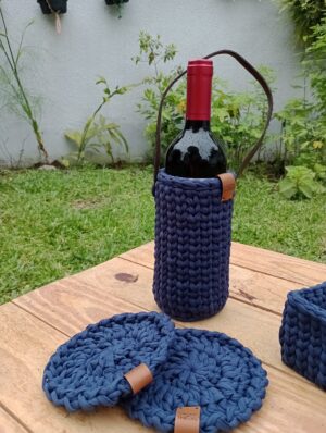 Porta-Vinho Natural de Damasco/ cor azul marinho