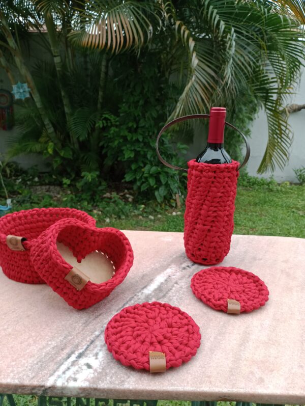 Os Porta-Copos de Crochê em Fio de Malha da Natural de Damasco/ cor vermelho - Image 5