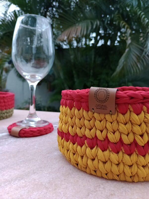 Cachepô Redondo Médio (15cm) Mostarda e Vermelho com Base de MDF – Natural de Damasco - Image 2