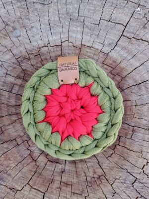Porta-Copos de Crochê em Fio de Malha da Natural de Damasco/ vermelho e verde musgo