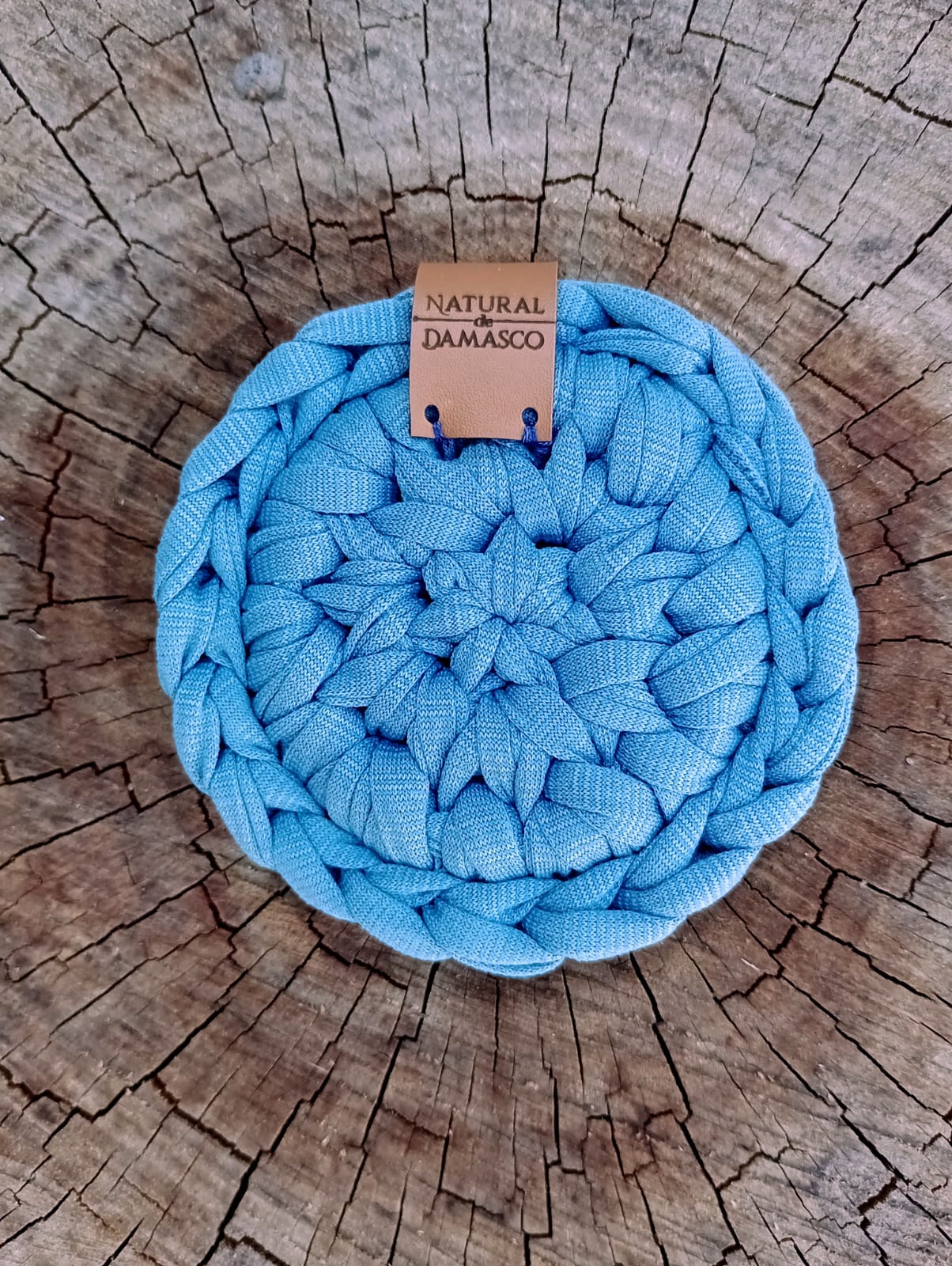 Porta-Copos de Crochê em Fio de Malha da Natural de Damasco/cor azul bebê
