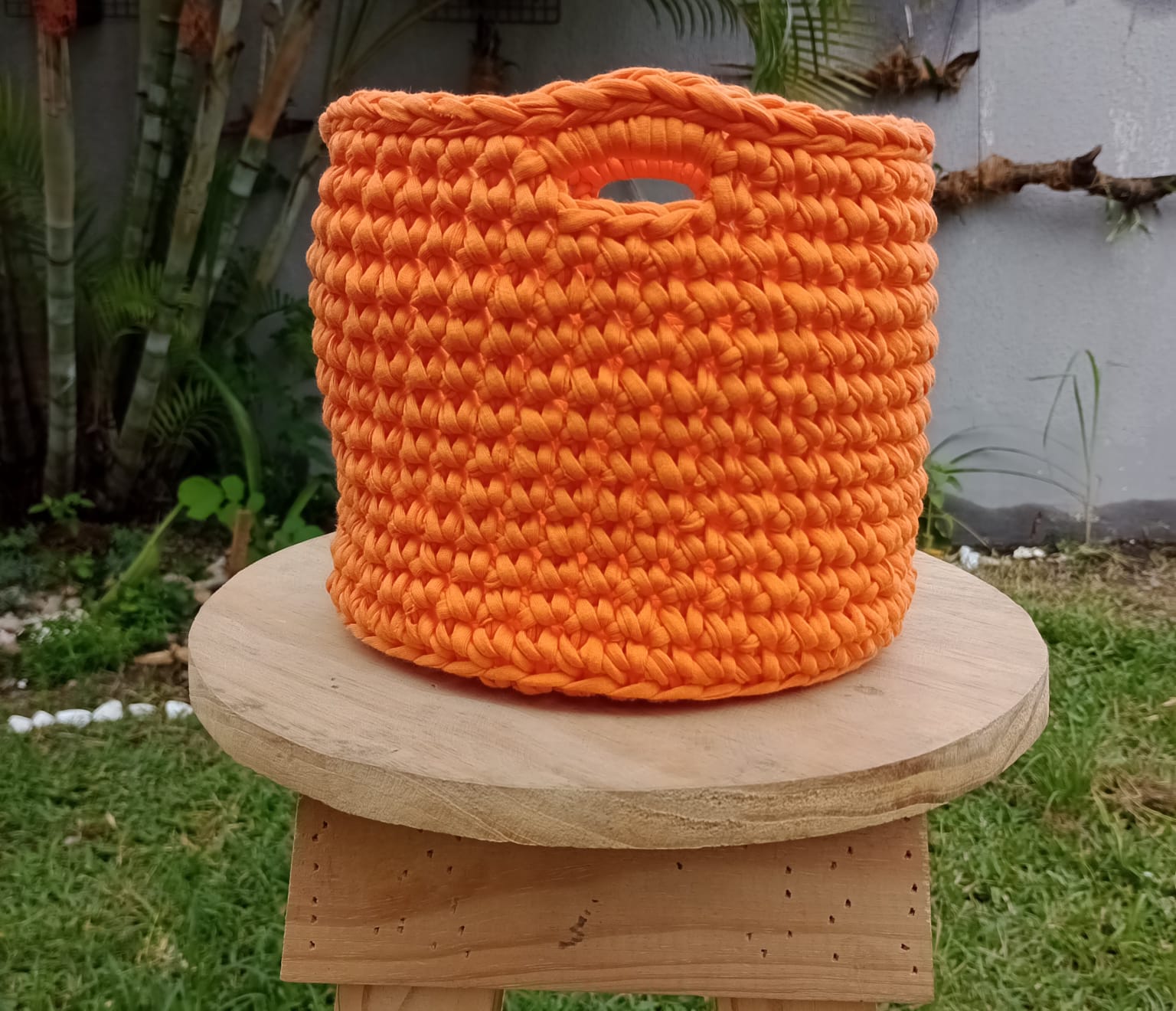 Cesto de Crochê com Fio de Malha - Natural de Damasco
